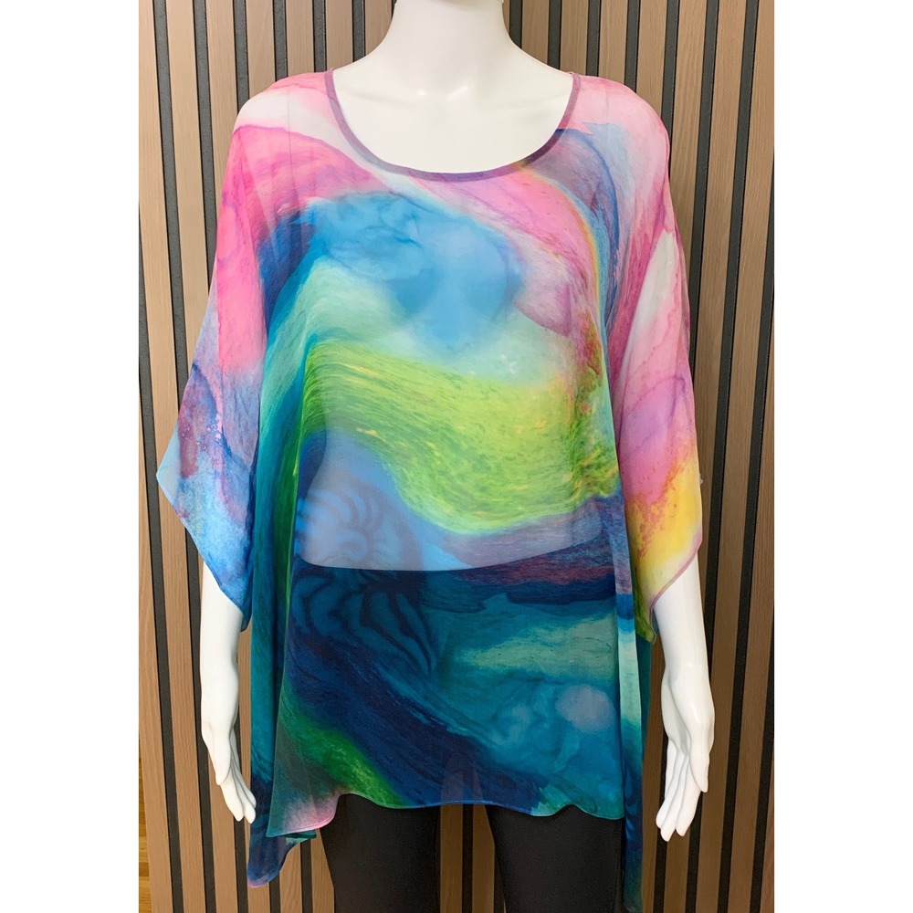 Soft Surroundings Silk Kaftan Top L/XL Multi Color Abstract Watercolor Poncho